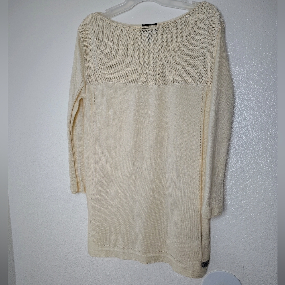 Escada Cashmere - Silk Cream Crew Neck Tunic Sweater Sz S Knit & Sequin Detail.